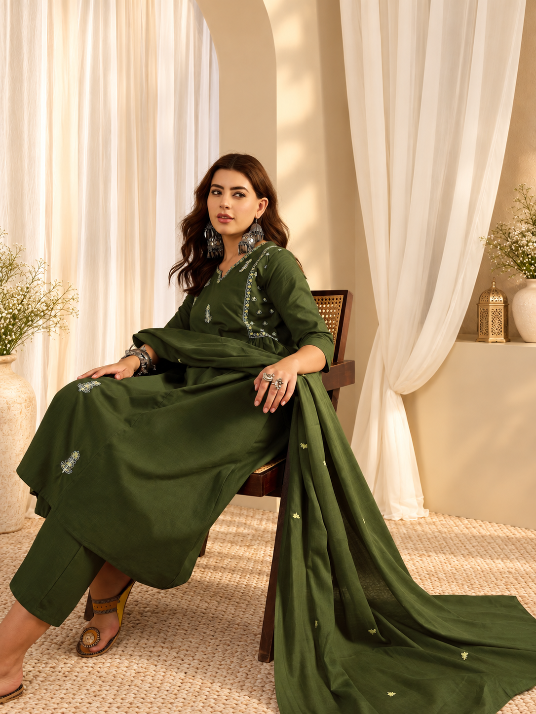 Women's Dark Moss Green Thread Work A-Line Kurta with Trousers & Dupatta Set