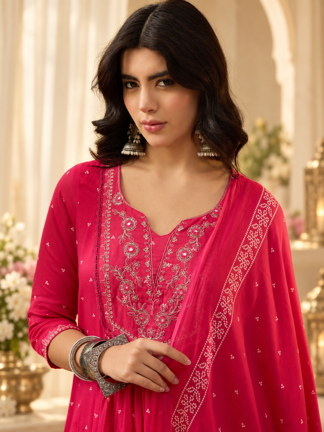 Women's Pink Printed Round Neck A-Line Kurta With Trousers & Dupatta Set
