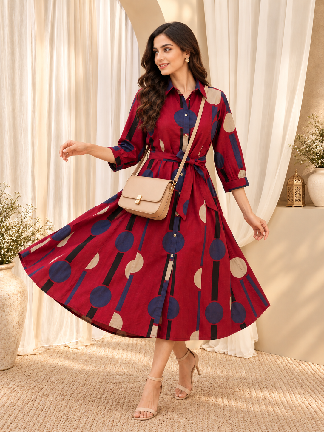 Women's Maroon Abstract Printed Dress