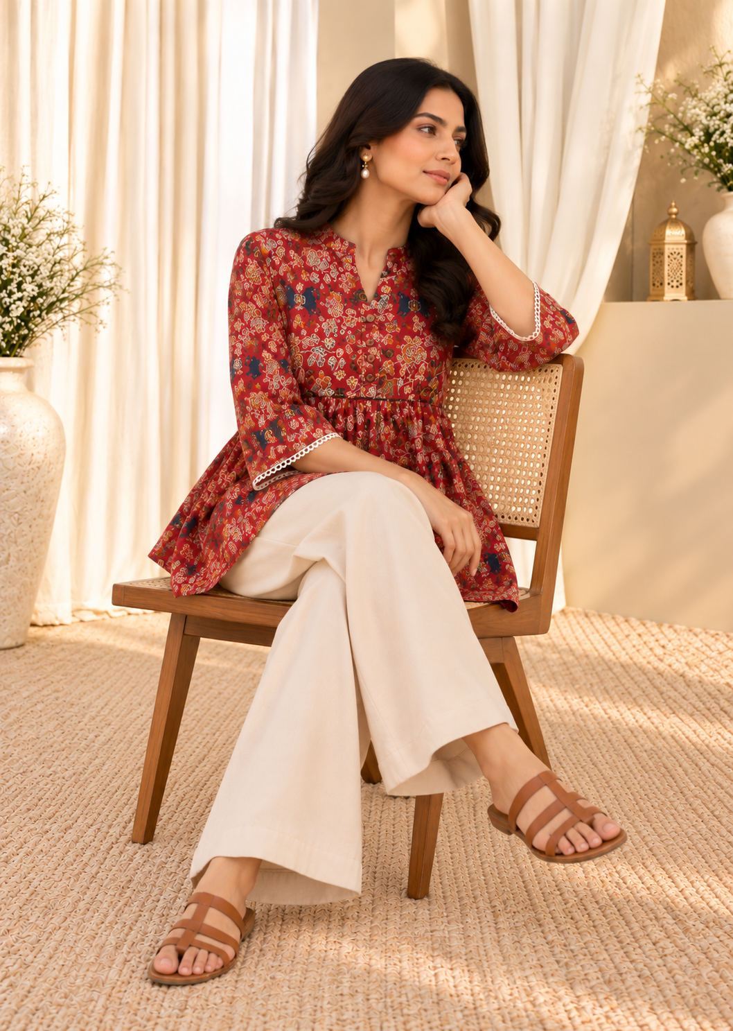 Red Floral Print Mandarin Collar Cotton Top