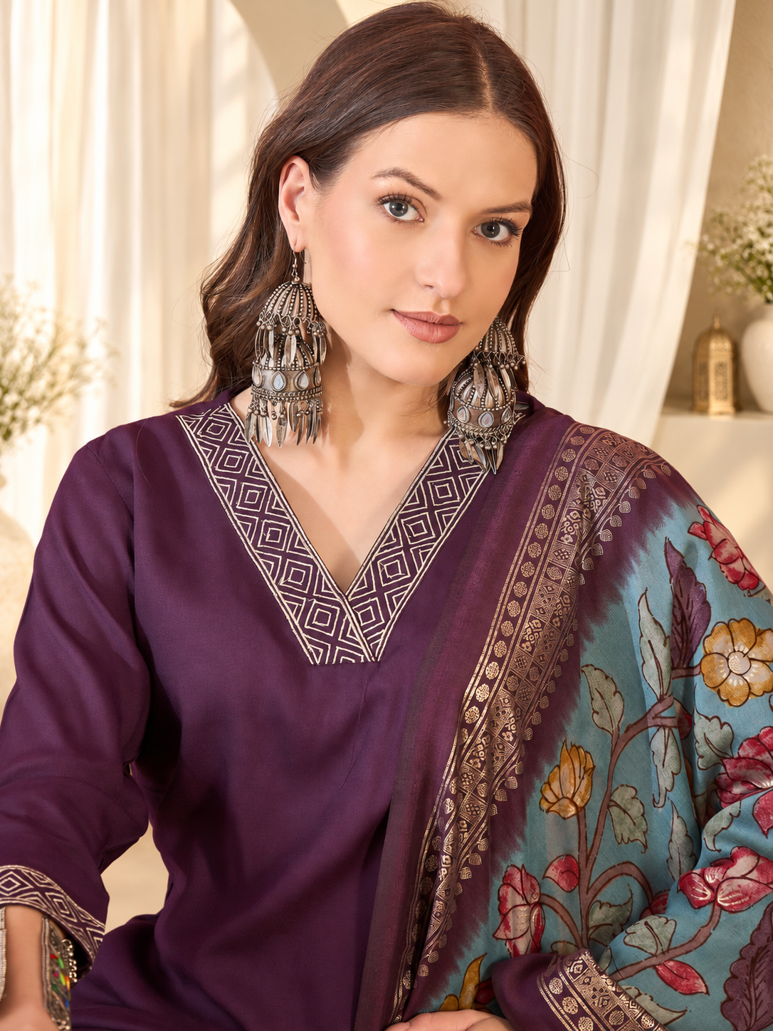 Women's Purple Viscose Rayon V Neck Kurta & Pant With Dupatta Set