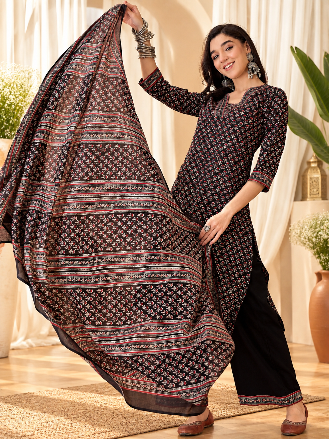 Women's Black Floral Print Sequinned V-Neck Straight Kurta With Trousers & Dupatta Set