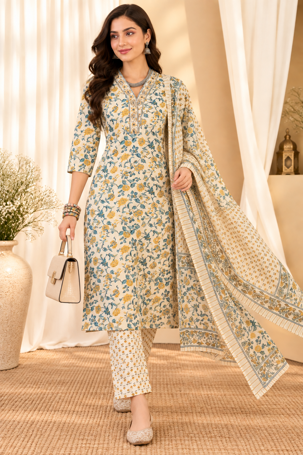 Women's Cream & Yellow Pure Cotton Floral Print Kurta & Trousers With Dupatta Set