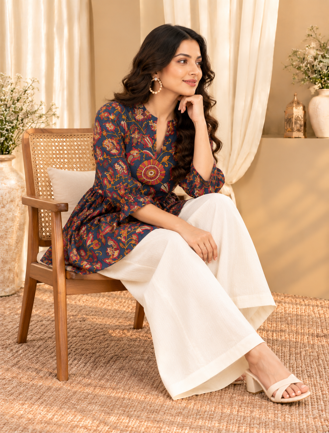 Navy Blue Floral Print Mandarin Collar Cotton Top