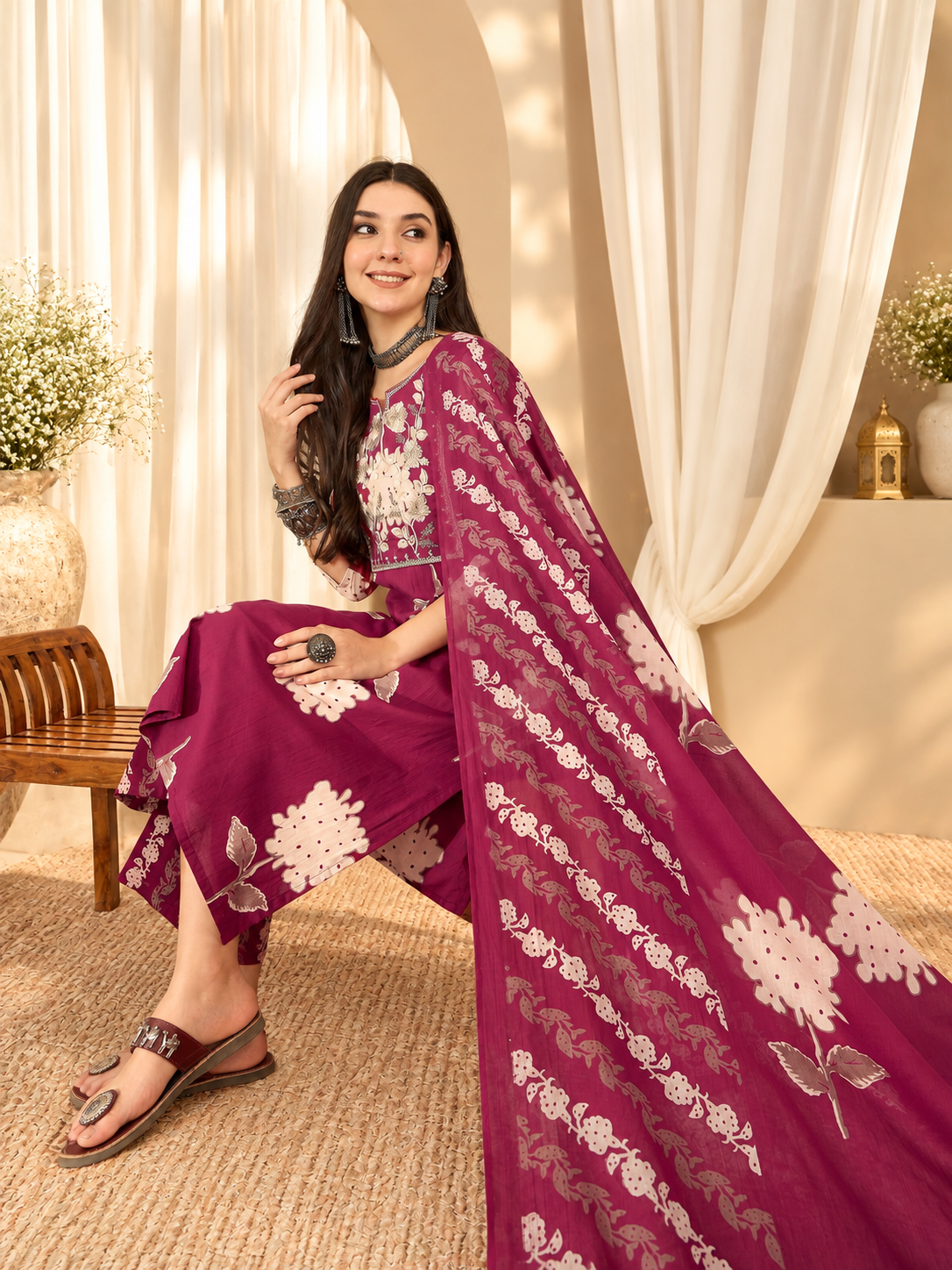 Women's Wine Cotton Floral Print Kurta & Trousers With Dupatta Set
