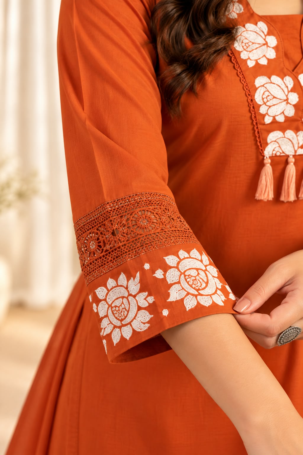 Women's Rust Neck Embroidered Kurta with Trousers & Dupatta Set