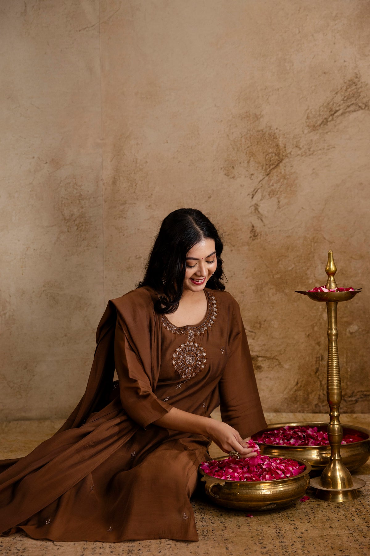 Women's Brown Embroidered Straight Round Neck Kurta & Trousers With Dupatta Set