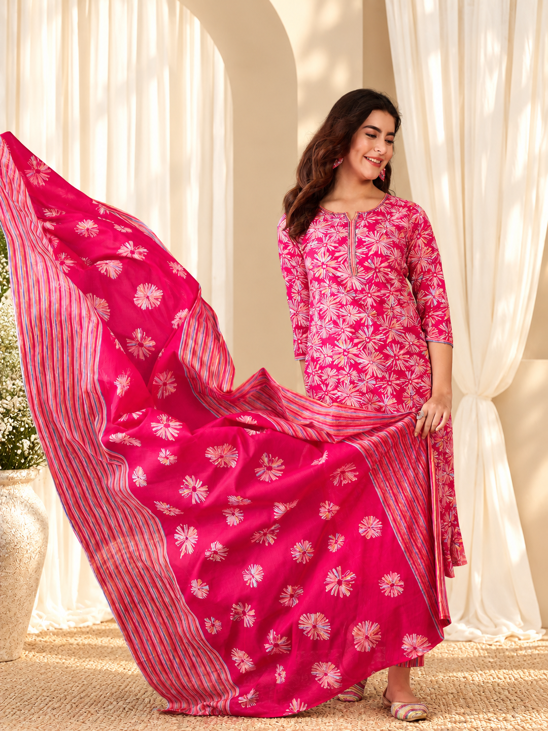 Floral Printed Sequinned Straight Kurta &amp; Trouser With Dupatta