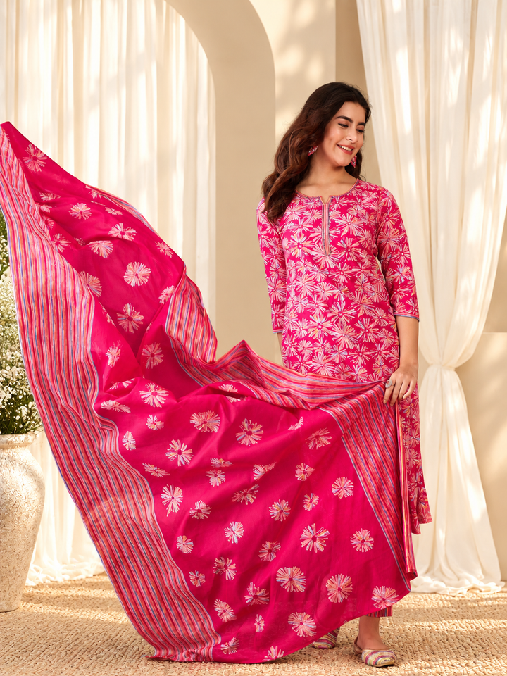 Floral Printed Sequinned Straight Kurta &amp; Trouser With Dupatta