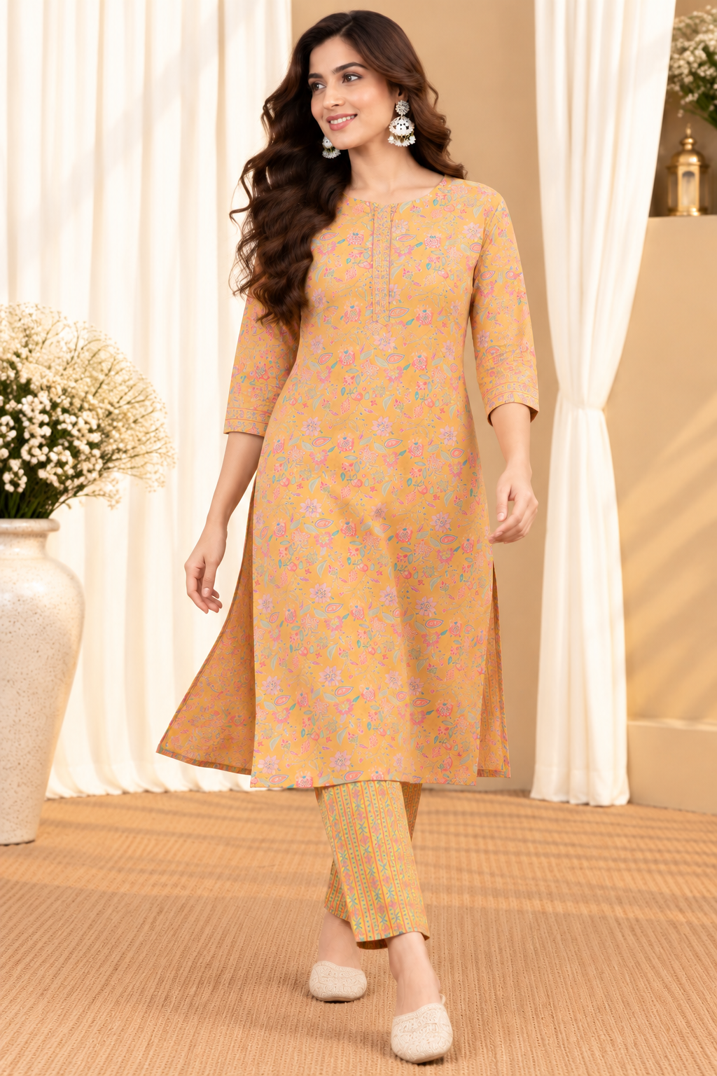 Women's Yellow & Pink Printed Straight Kurta With Pant Set