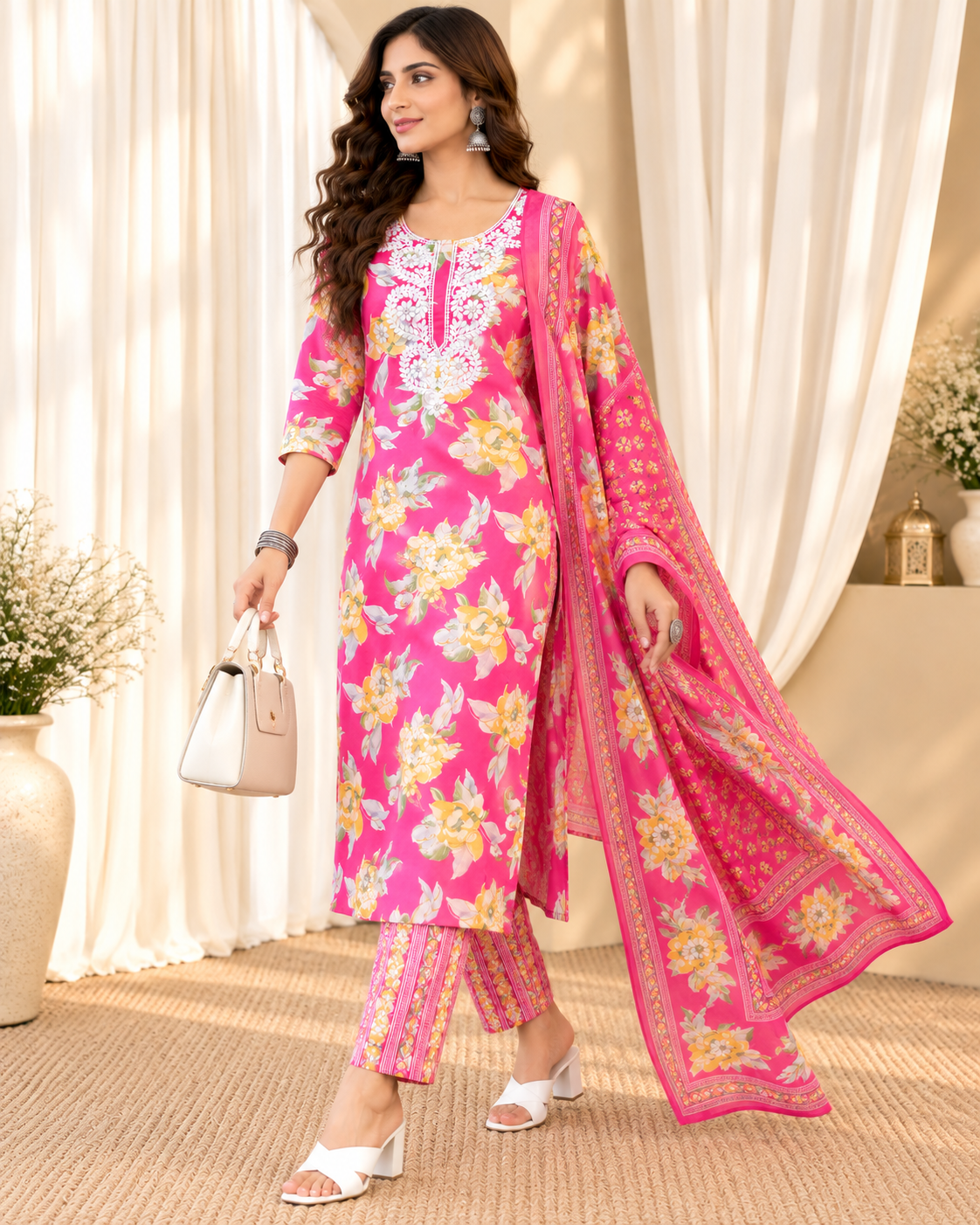 Women's Magenta Pure Cotton Round Neck Kurta & Pant With Dupatta Set
