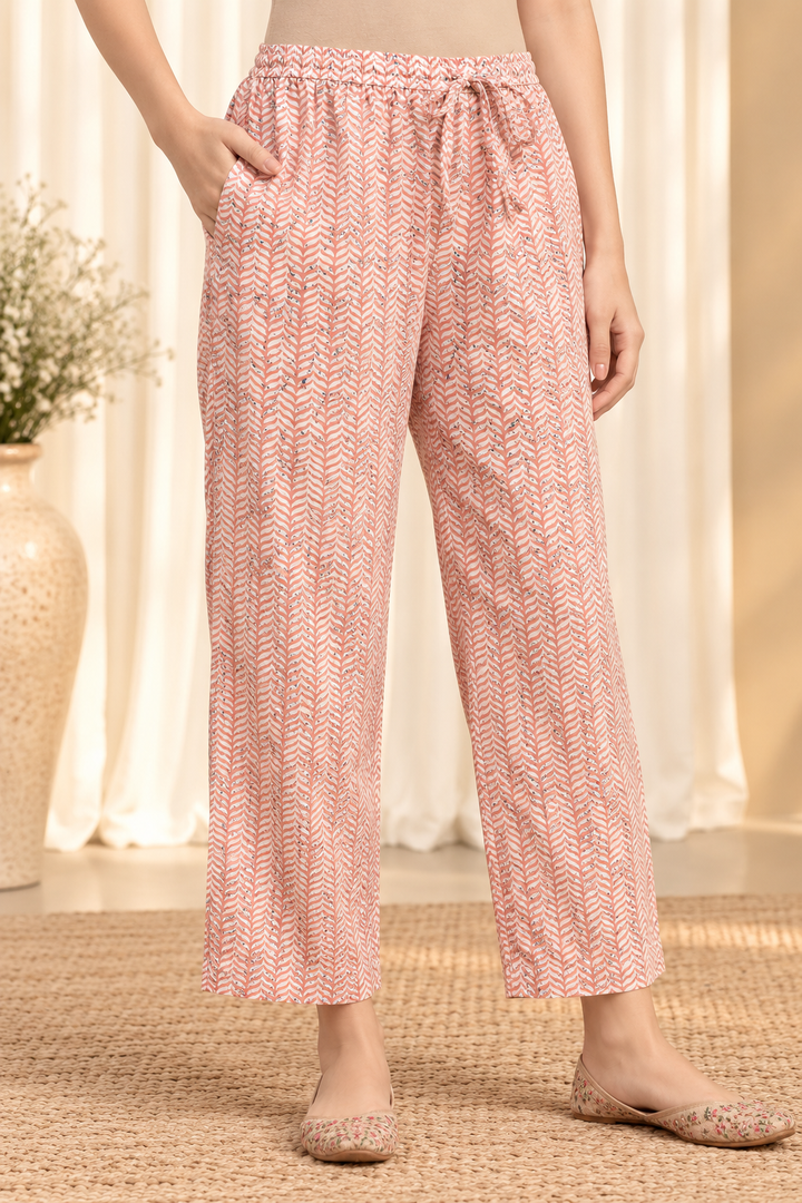 Peach &amp; Blue Floral-Printed Pure-Cotton Straight Kurta With Trouser &amp; Dupatta