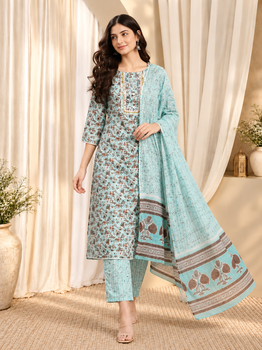 Sea Green & Brown Floral Printed Pure-Cotton Straight Kurta With Trouser & Dupatta