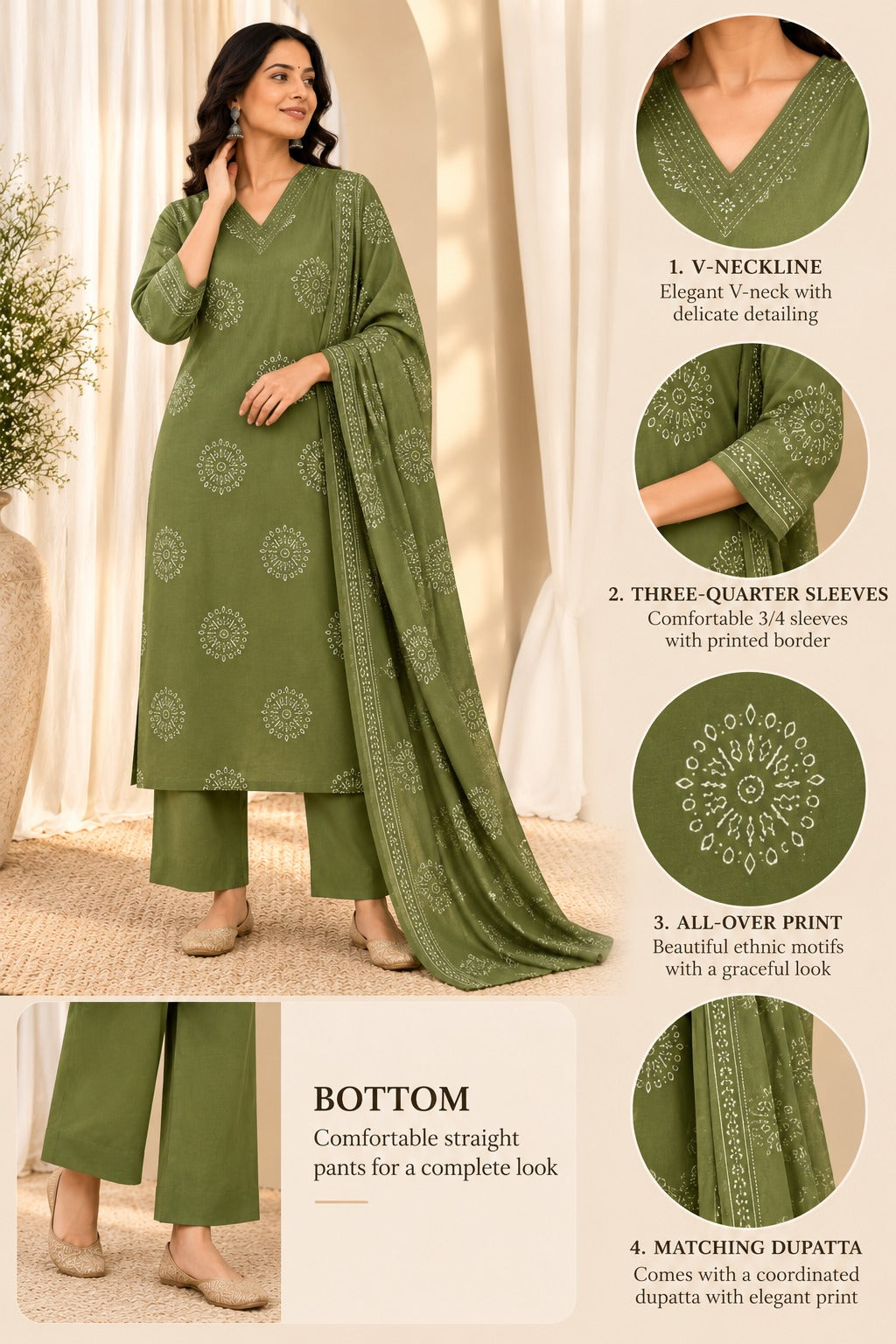 Women's Olive Green Floral Print Cotton Kurta & Trousers With Dupatta Set