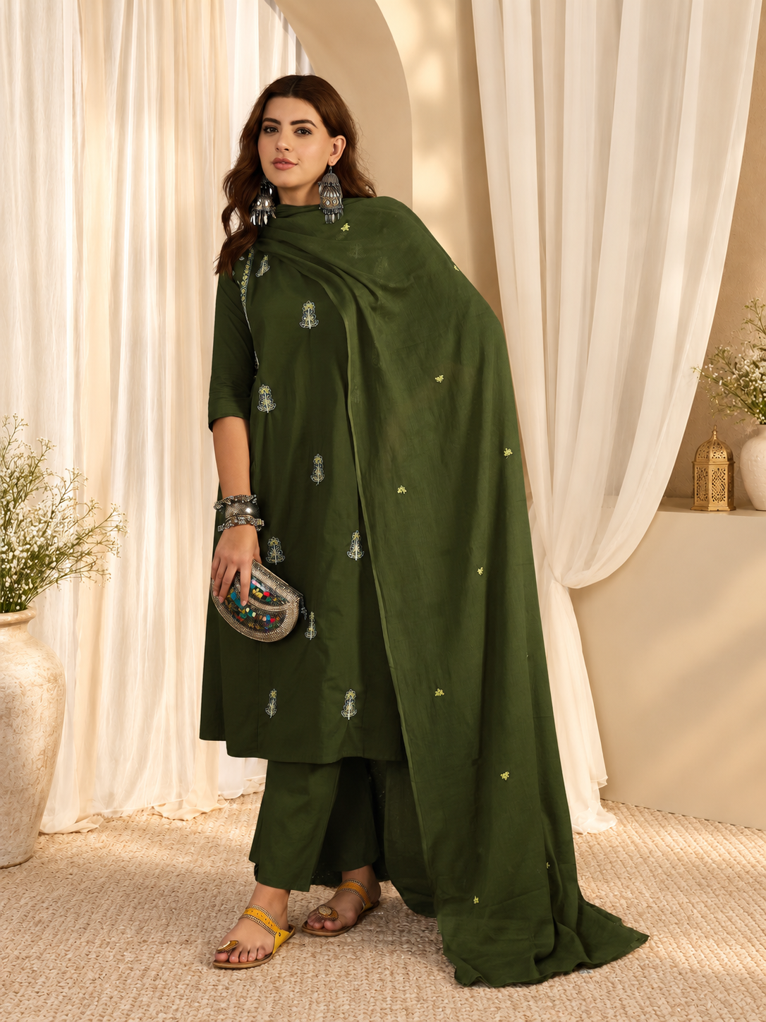 Women's Dark Moss Green Thread Work A-Line Kurta with Trousers & Dupatta Set