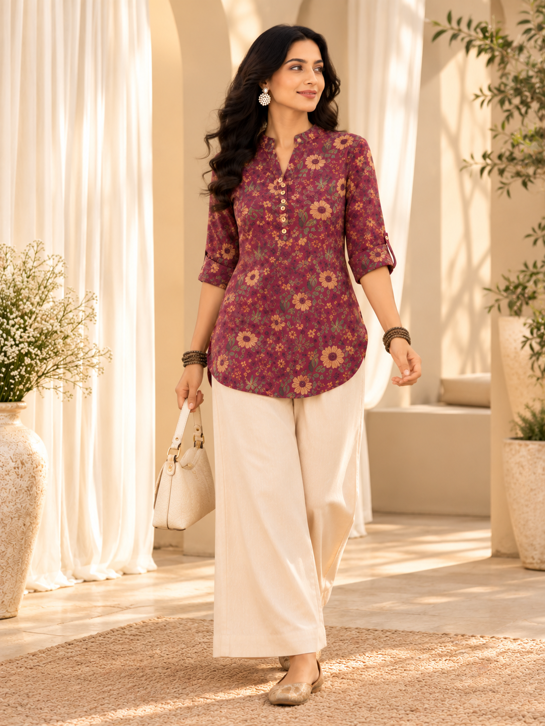 Women's Maroon Floral Printed Cotton Mandarin Collar Regular Fit Top