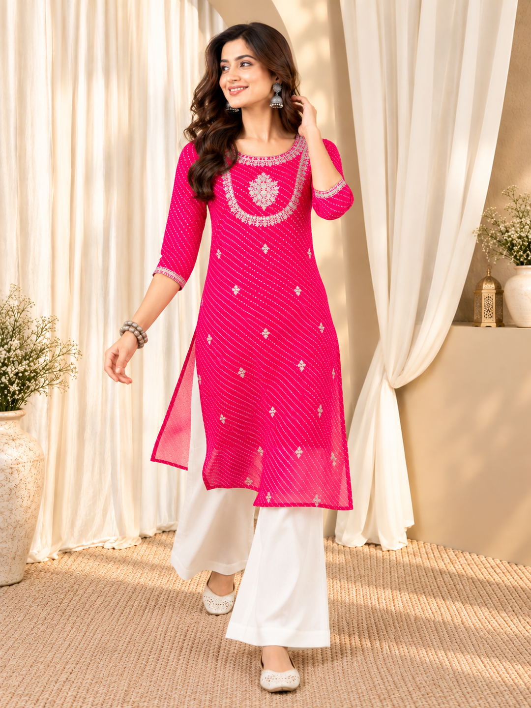 Women Pink &amp; White Embroidered Straight Kurta