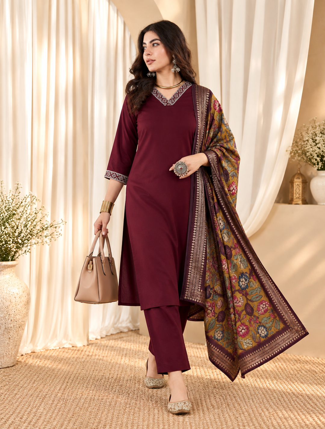 Embroidered Straight Kurta With Trouser &amp; Dupatta Set