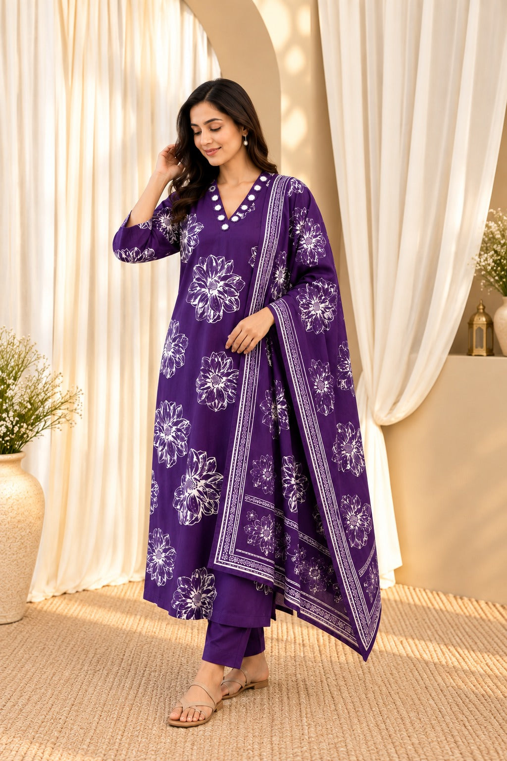 Women's Purple Mirror Work Straight Kurta & Trouser With Dupatta Set