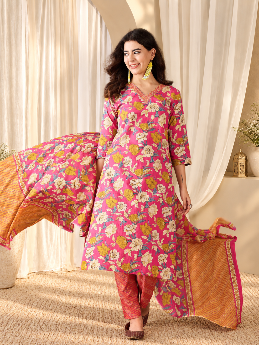 Women's Pink & Yellow Pure Cotton Floral Print Kurta & Trousers With Dupatta Set