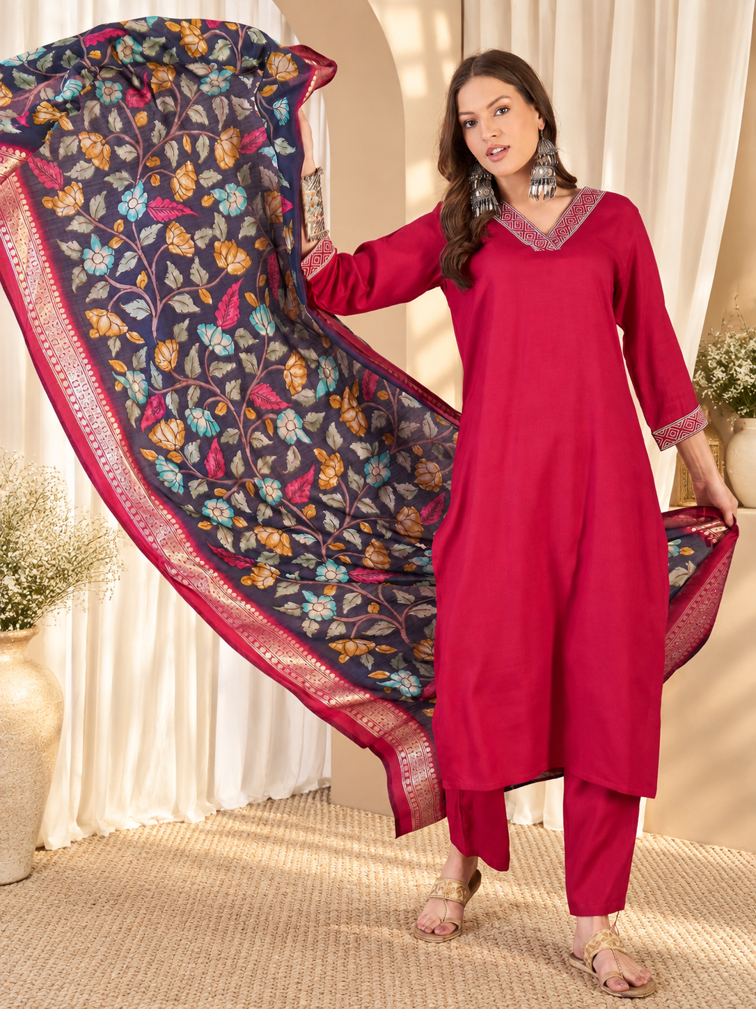 Women's Rani Pink Viscose Rayon Solid Kurta & Trousers With Dupatta Set