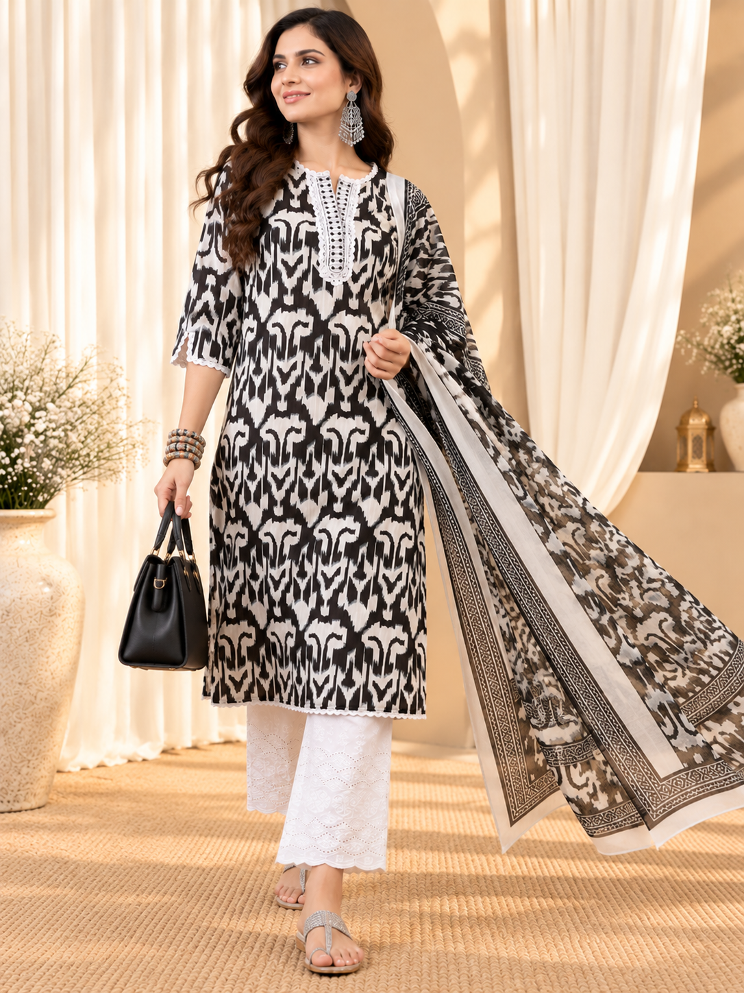 Women's Black & White Pure Cotton Abstract Print Kurta & Trousers With Dupatta Set