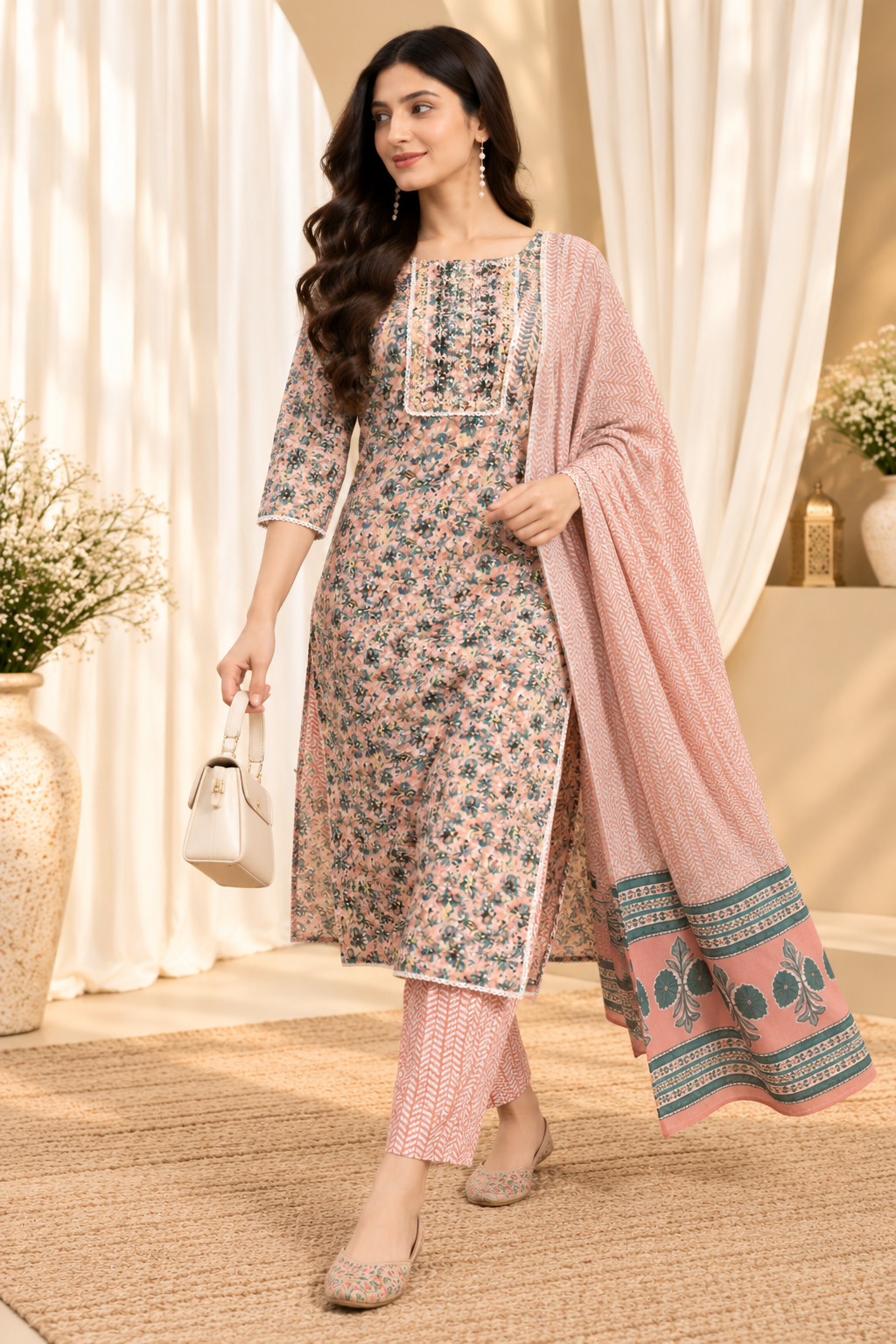 Peach & Blue Floral-Printed Pure-Cotton Straight Kurta With Trouser & Dupatta