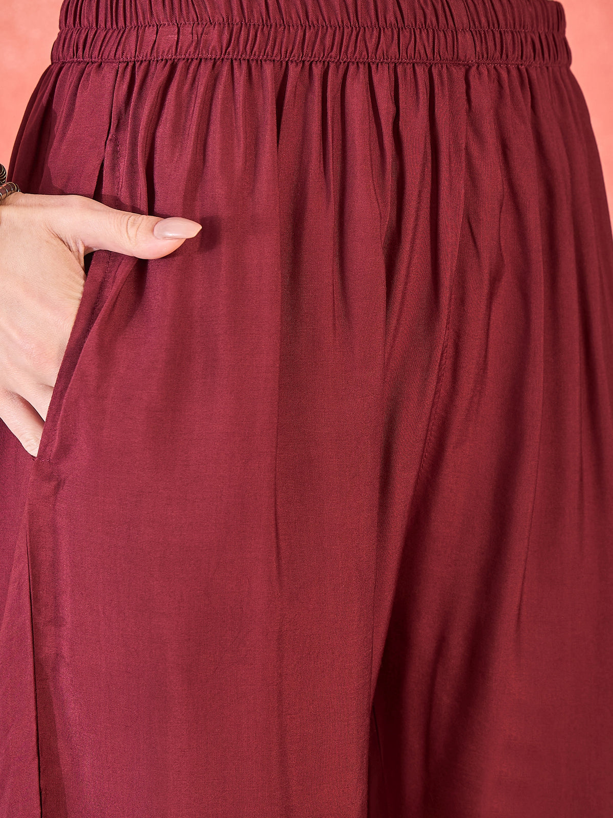 Women's Maroon Viscose Rayon Solid Kurta & Trousers With Dupatta Set