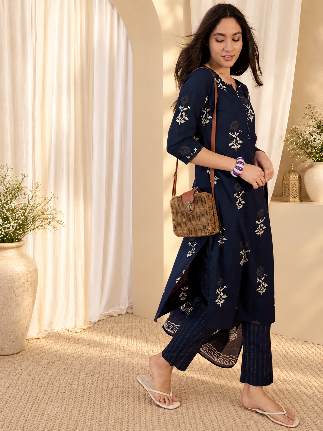Women's Dark Blue Cotton Floral Print Kurta & Trousers With Dupatta Set