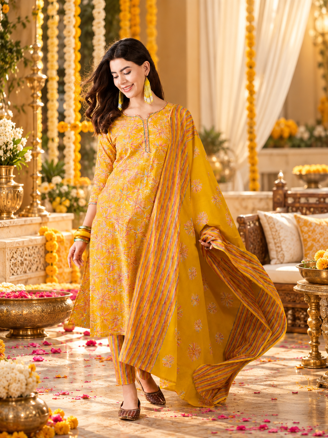 Floral Printed Sequinned V-Neck Straight Kurta & Trouser With Dupatta