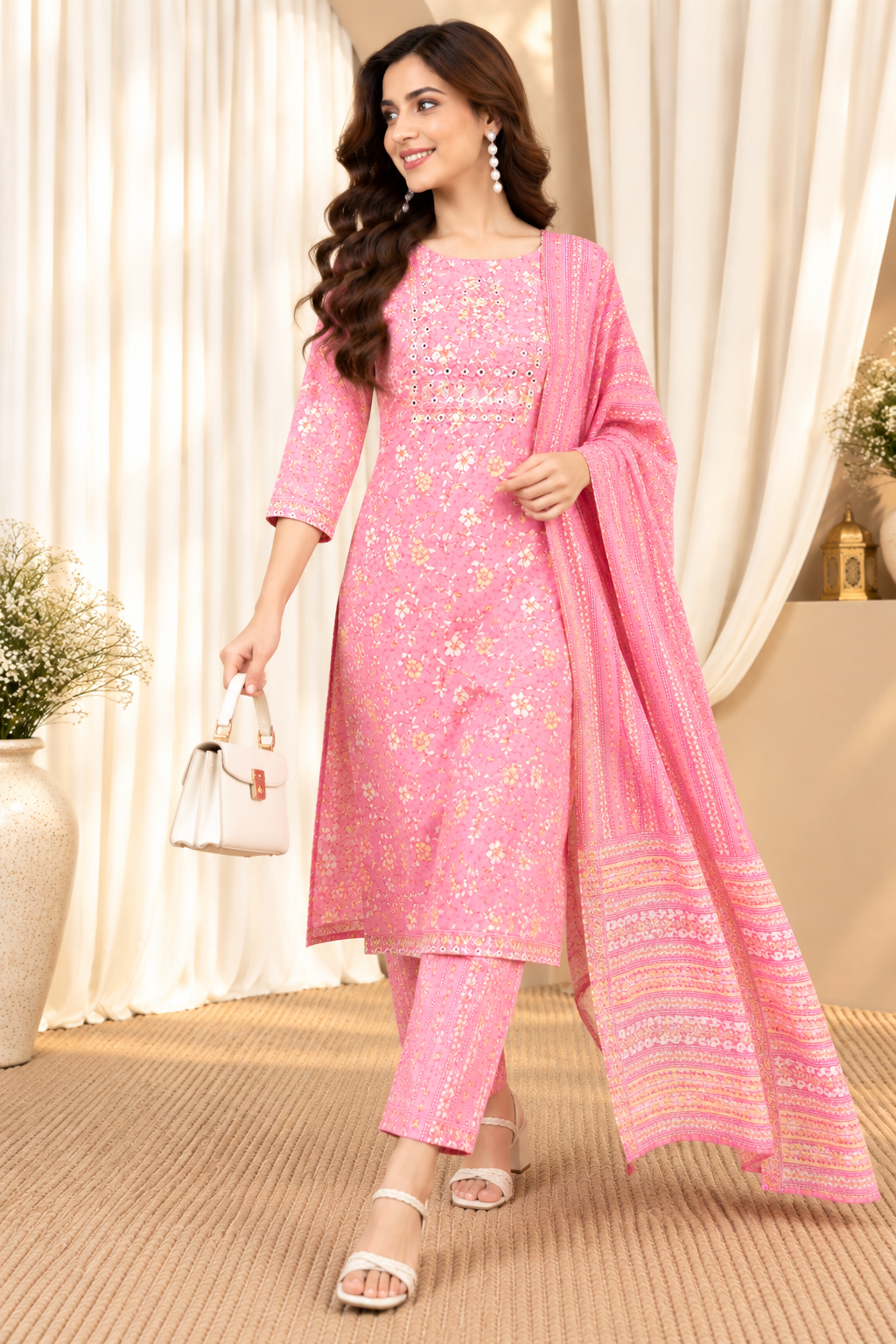 Women's Pink Floral Print Pure Cotton Straight Kurta & Trousers With Dupatta Set