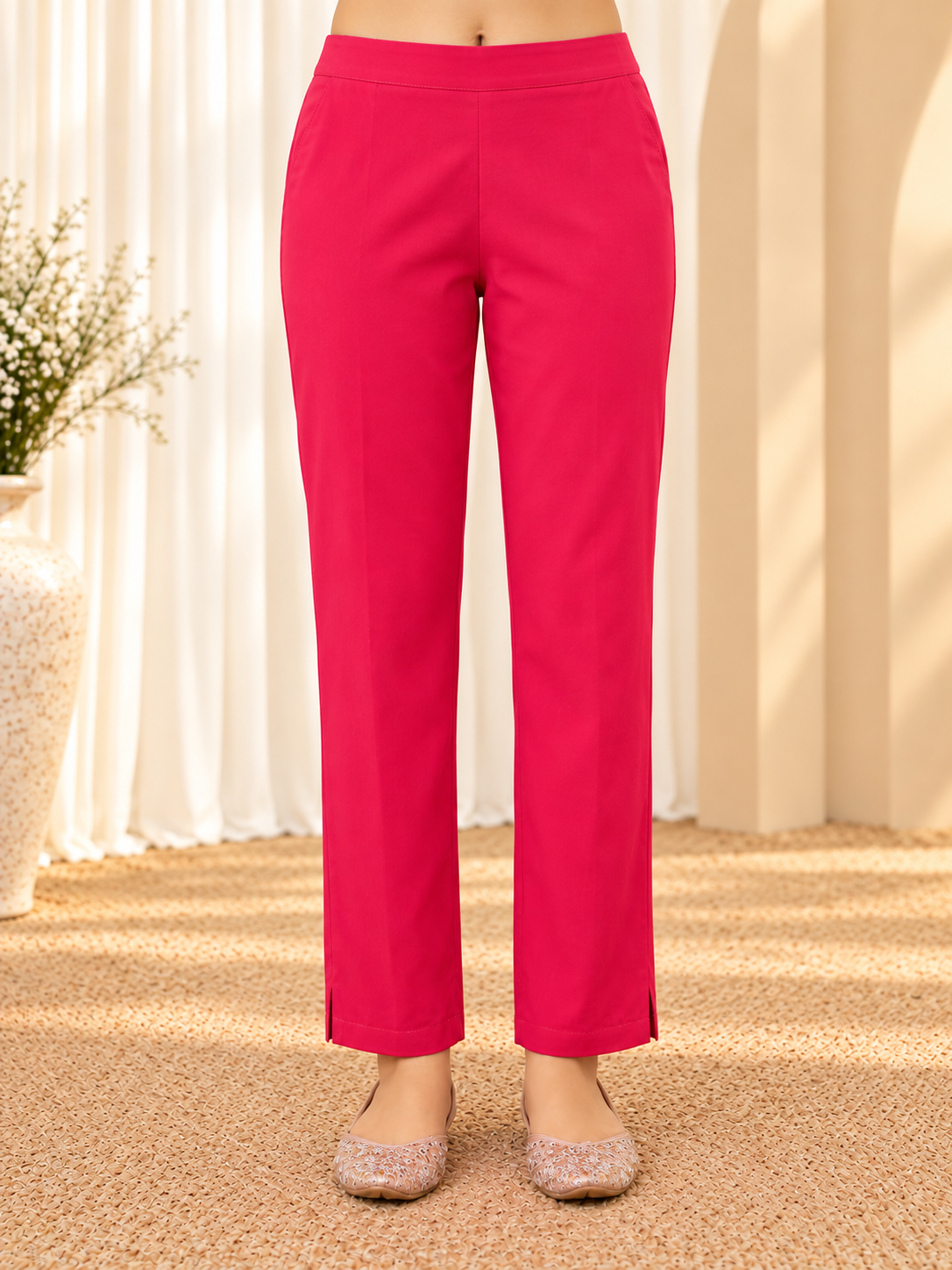 Women's Pink Printed Round Neck A-Line Kurta With Trousers & Dupatta Set