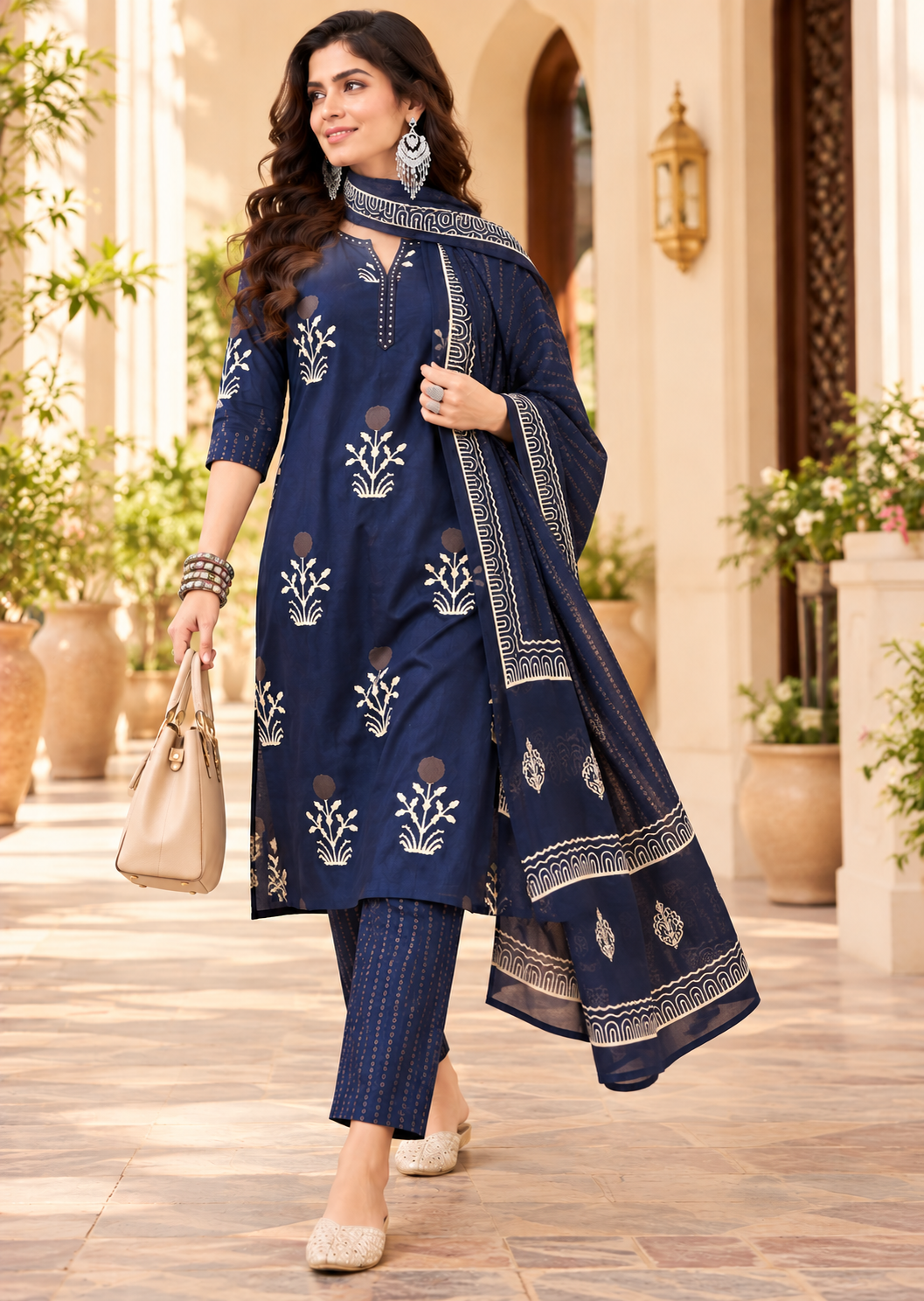 Women's Navy Blue Floral Print Straight Kurta With Trousers & Dupatta Set