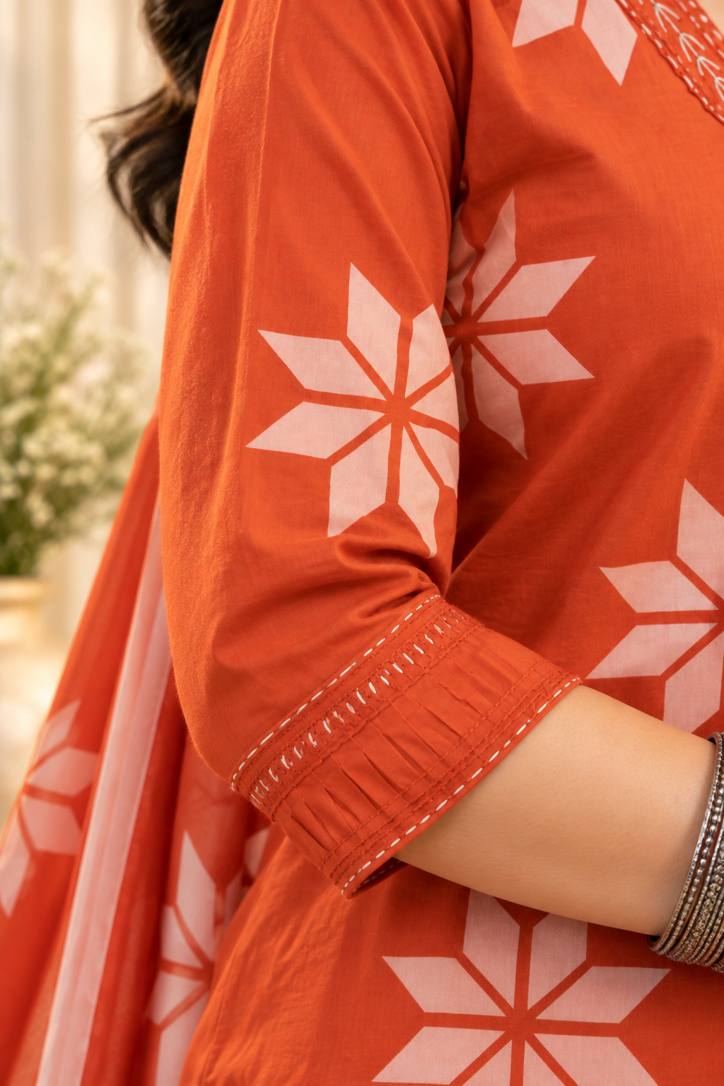 Women's Rust Printed Kurta With Trousers & Dupatta Set