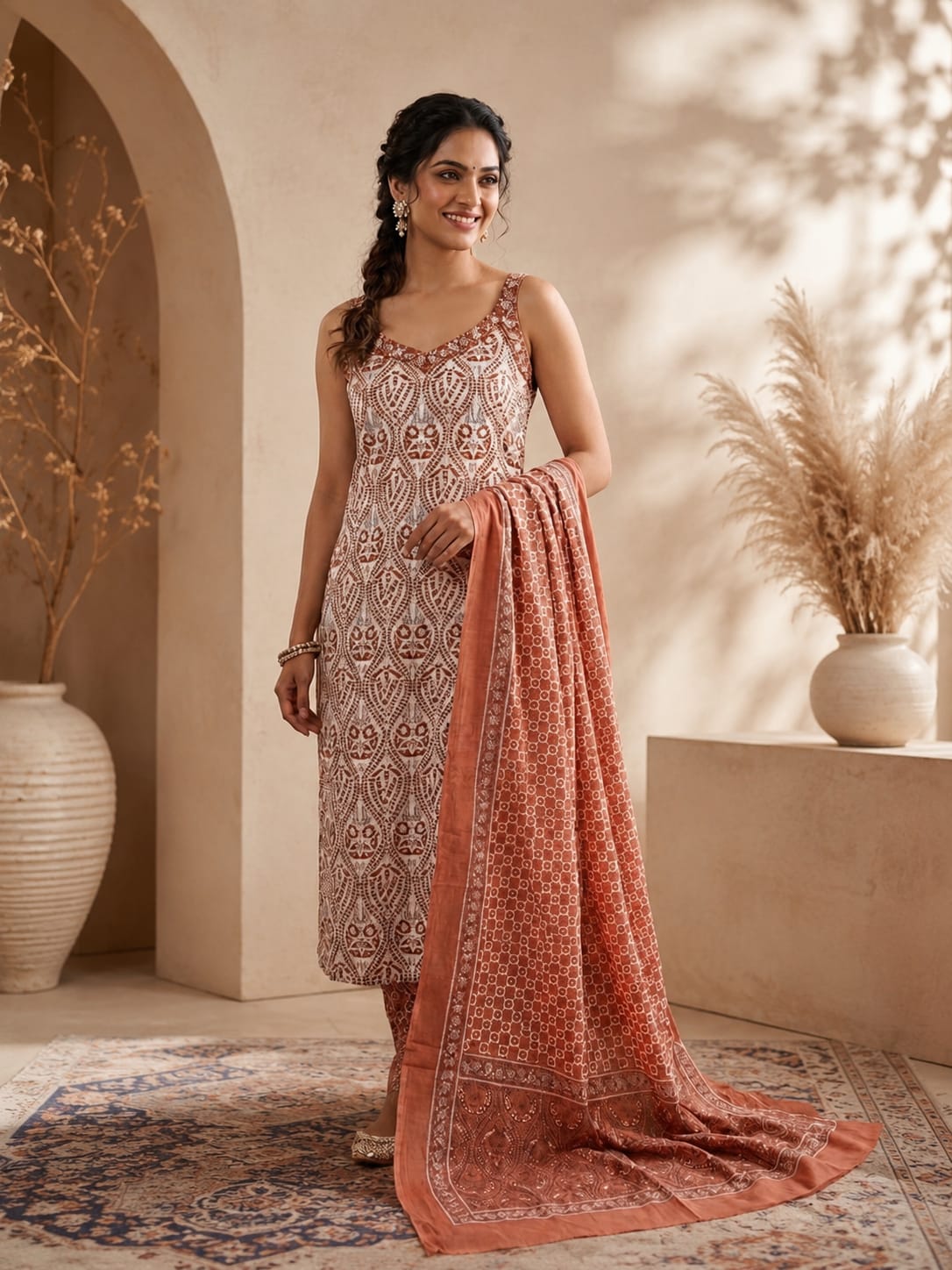 Women's Rust & White Pure Cotton Kurta, Pant & Dupatta Set