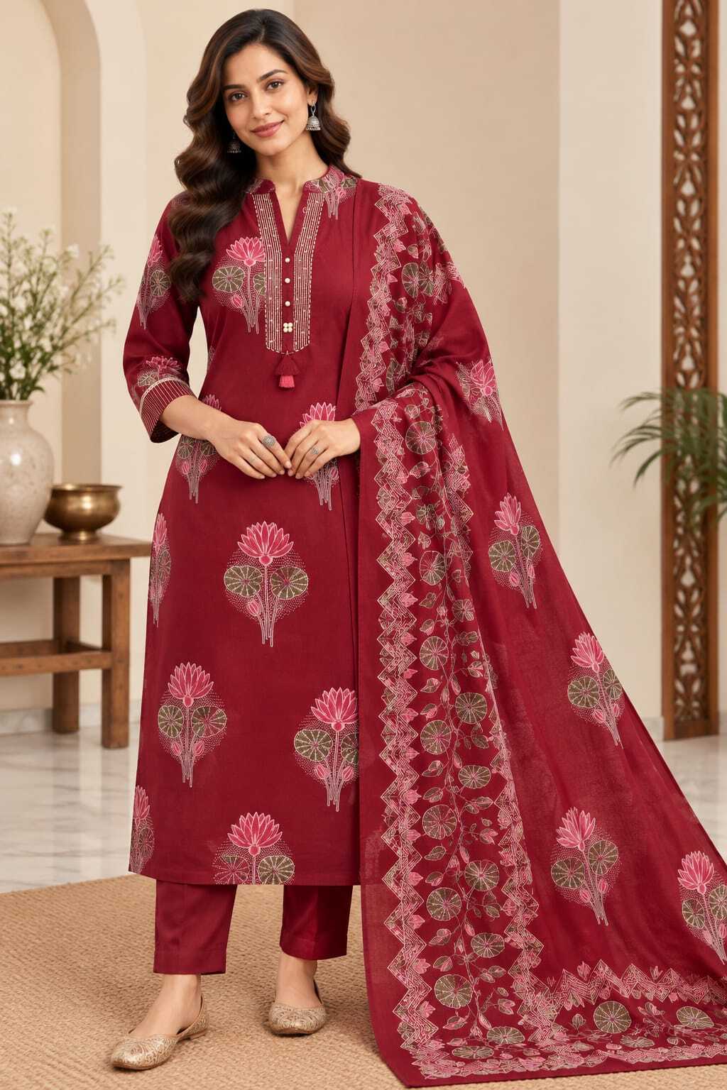 Women's Maroon Floral Printed Kurta with Trousers & Dupatta