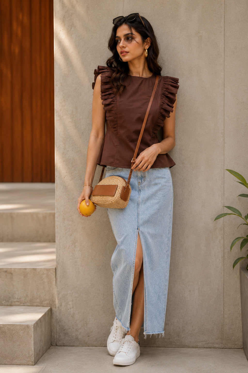 Women's Chocolate Brown Ruffle Sleeve Peplum Top