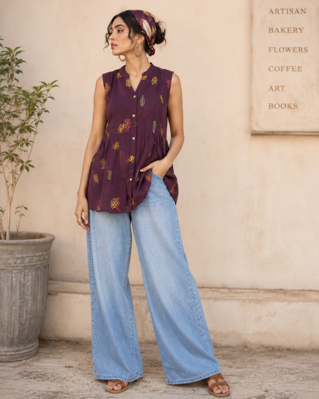 Women's Maroon Printed Mandarin Collar Sleeveless Flared Top