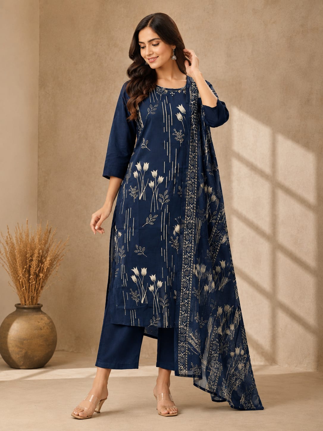 Women's Navy Blue Cotton Floral Print Round Neck Kurta & Trousers With Dupatta Set