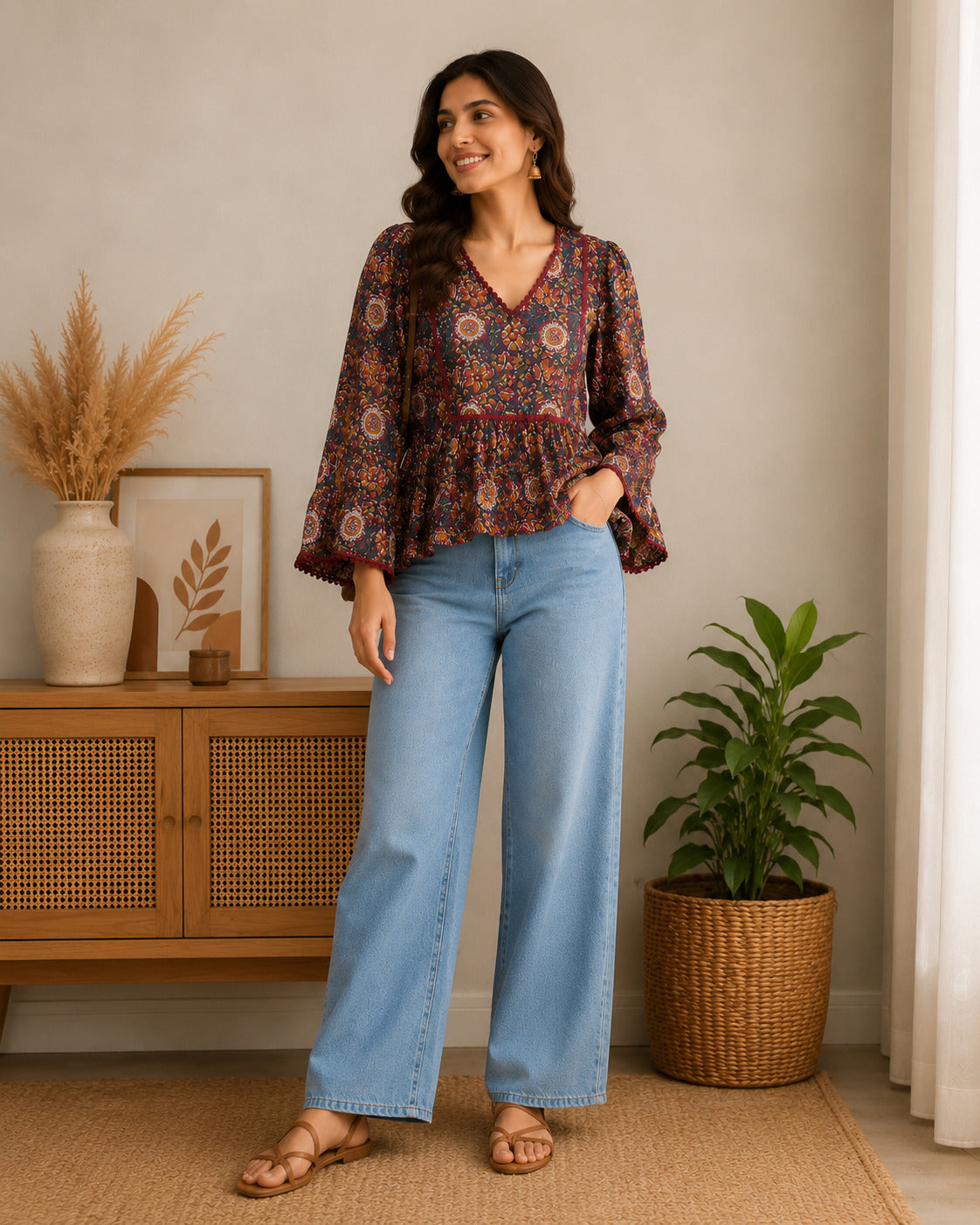 Women's Maroon Printed V-Neck Gathered Top with Bell Sleeves
