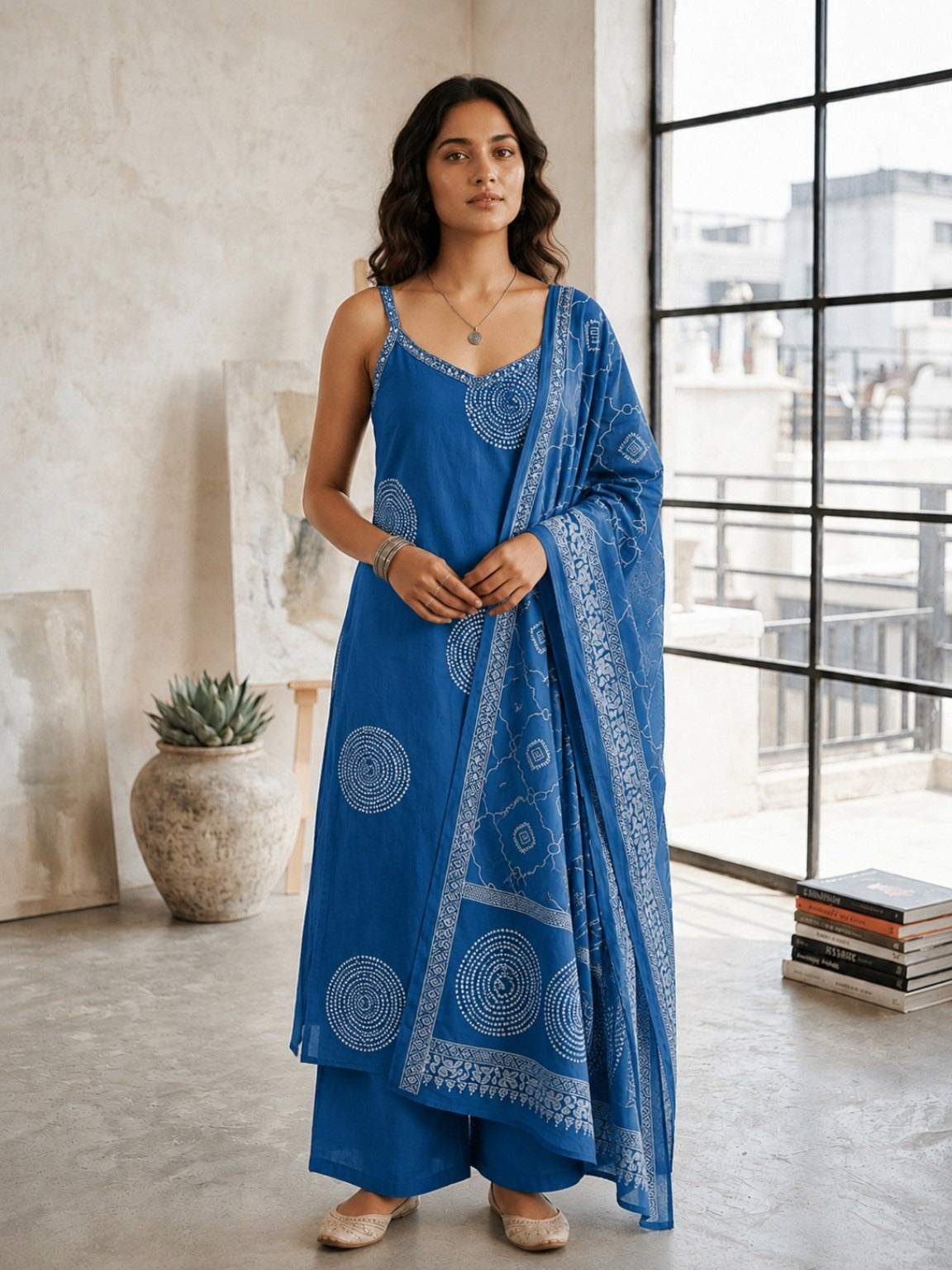 Women's Steel Blue Sleeveless Kurta With Palazzo & Dupatta Set