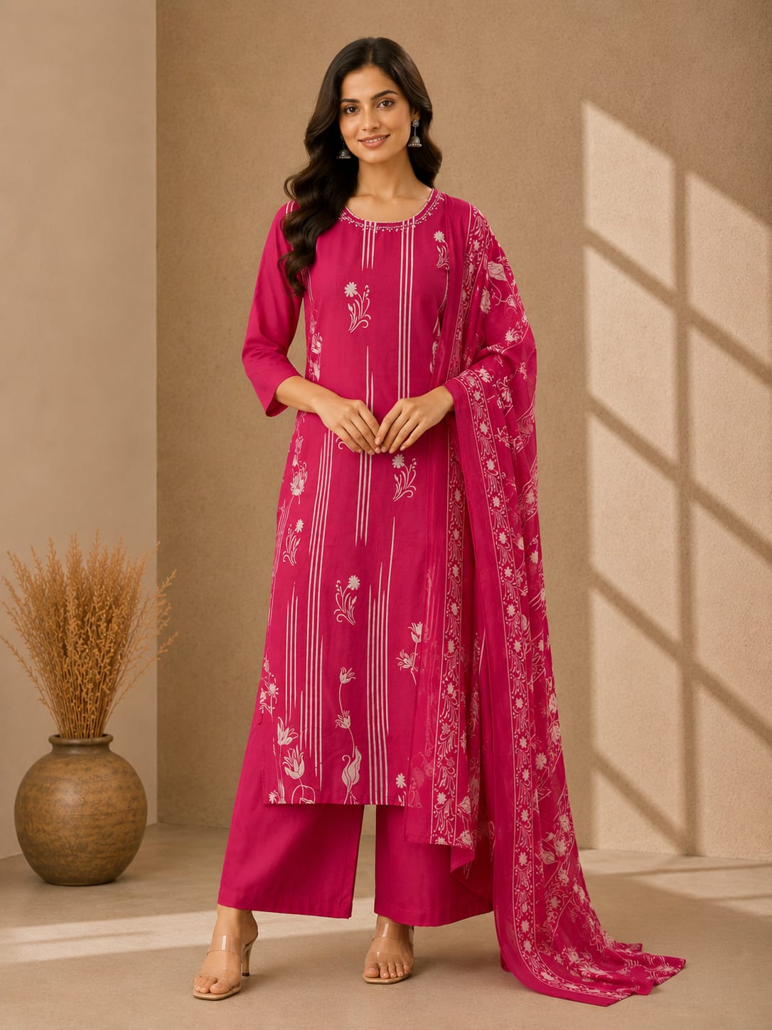 Women's Pink Cotton Floral Print Round Neck Kurta & Trousers With Dupatta Set
