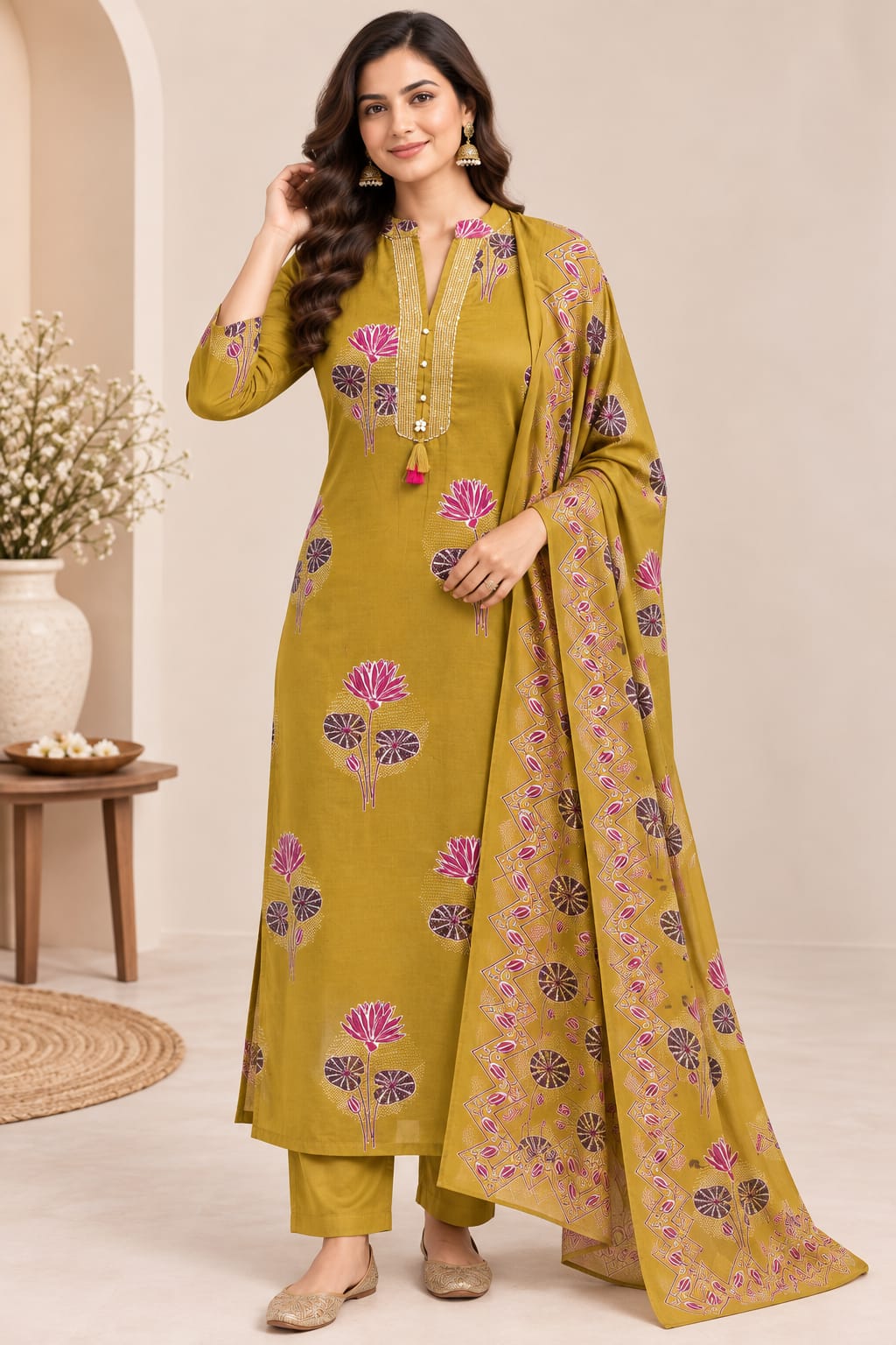 Women's Mustard Floral Printed Kurta with Trousers & Dupatta