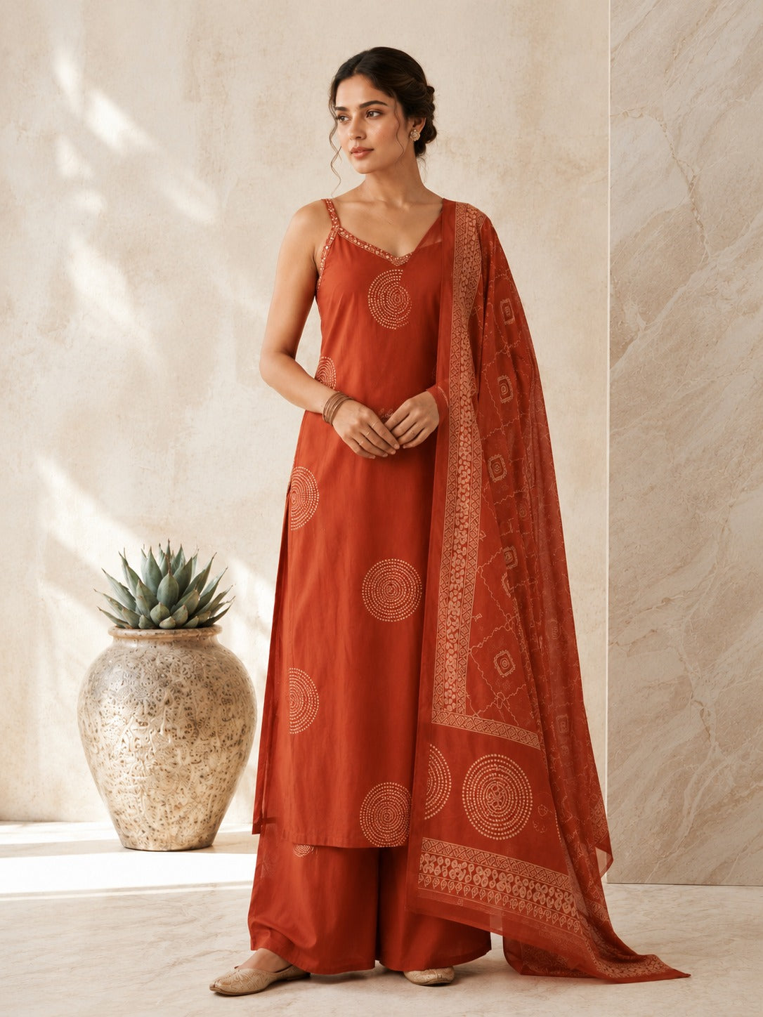 Women's Rust Sleeveless Kurta With Palazzo & Dupatta Set
