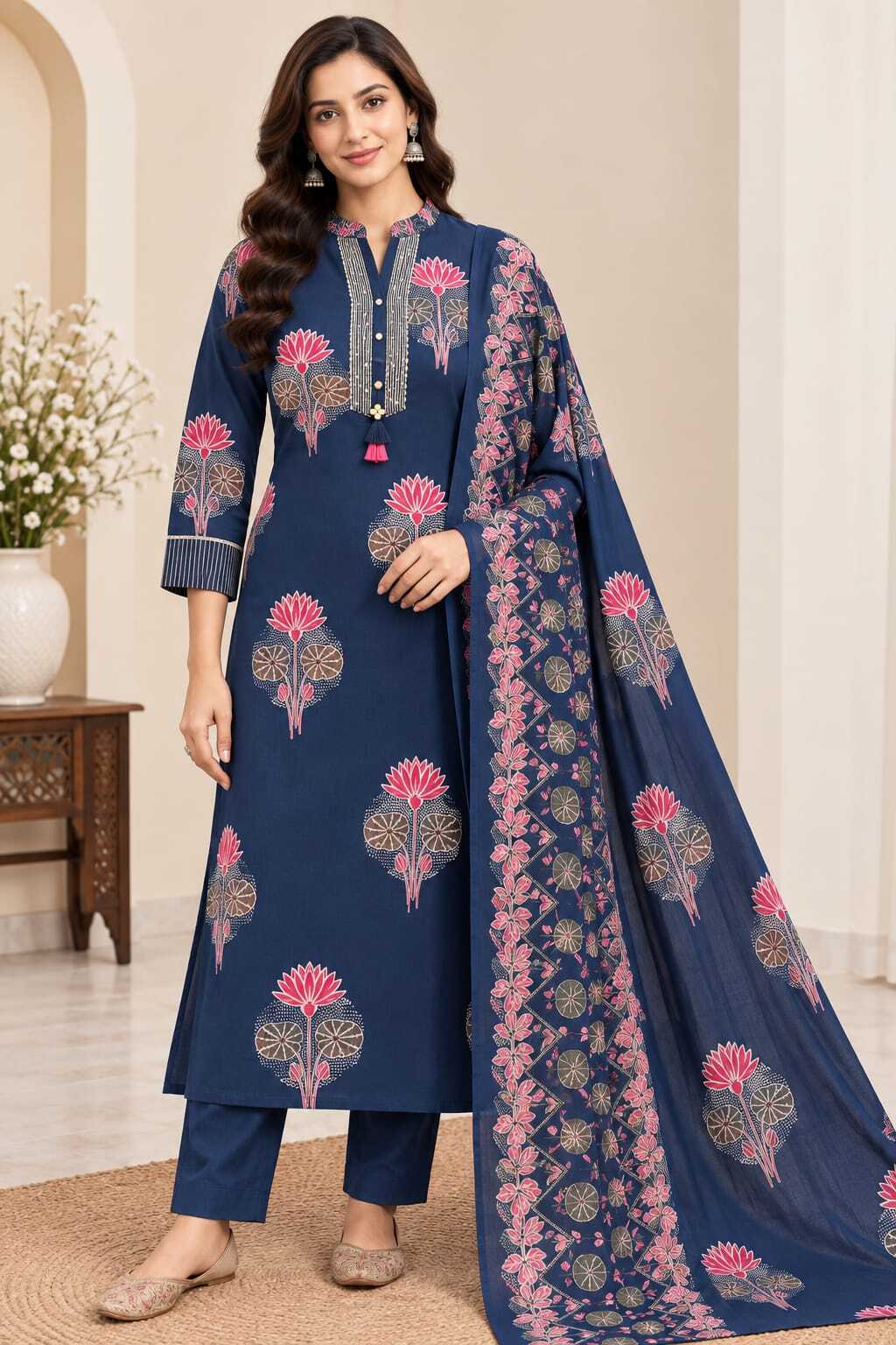Women's Navy Blue Floral Printed Kurta with Trousers & Dupatta