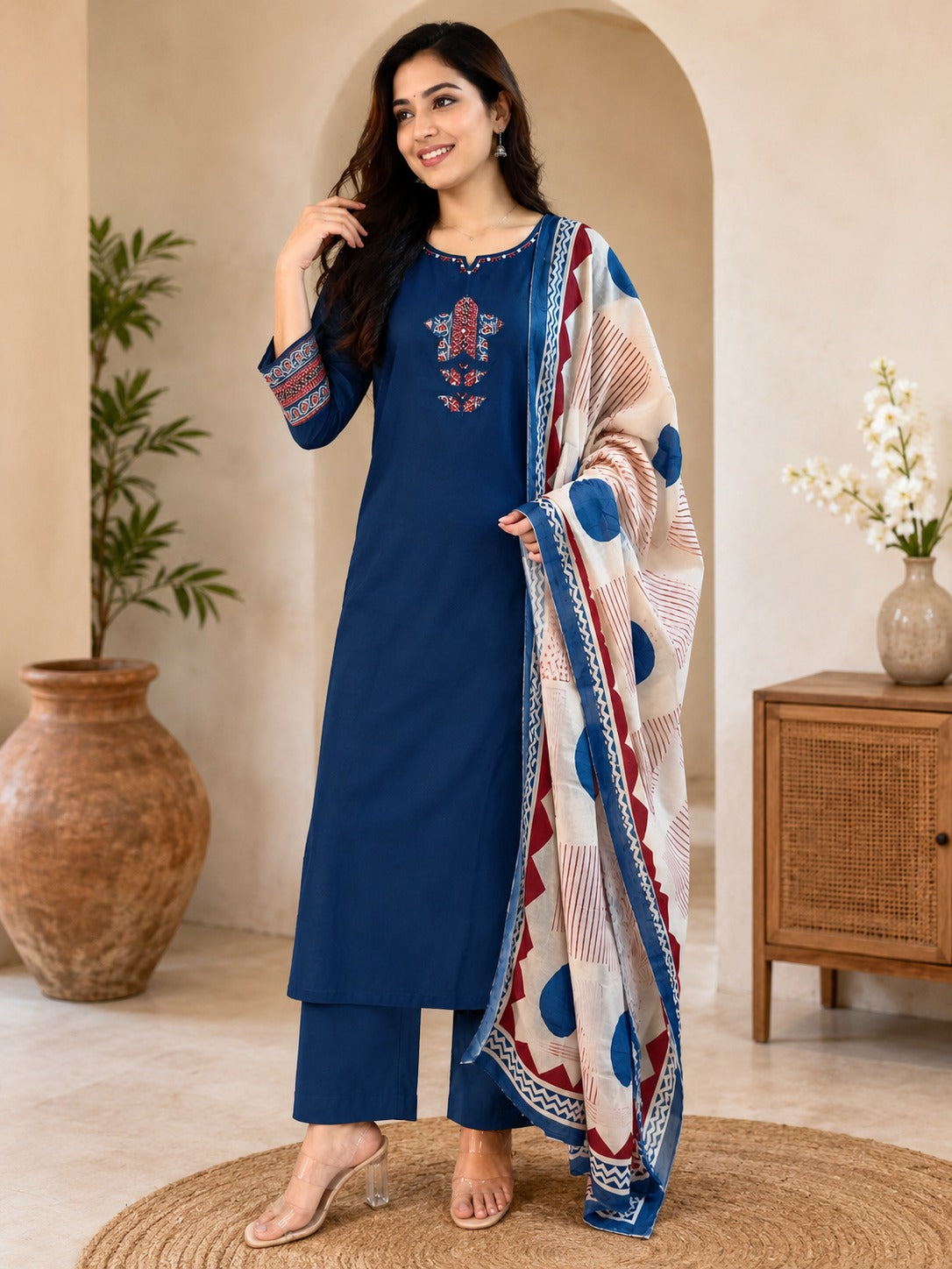 Women's Pure Cotton Ethnic Print Blue Kurta & Pant With Dupatta Set