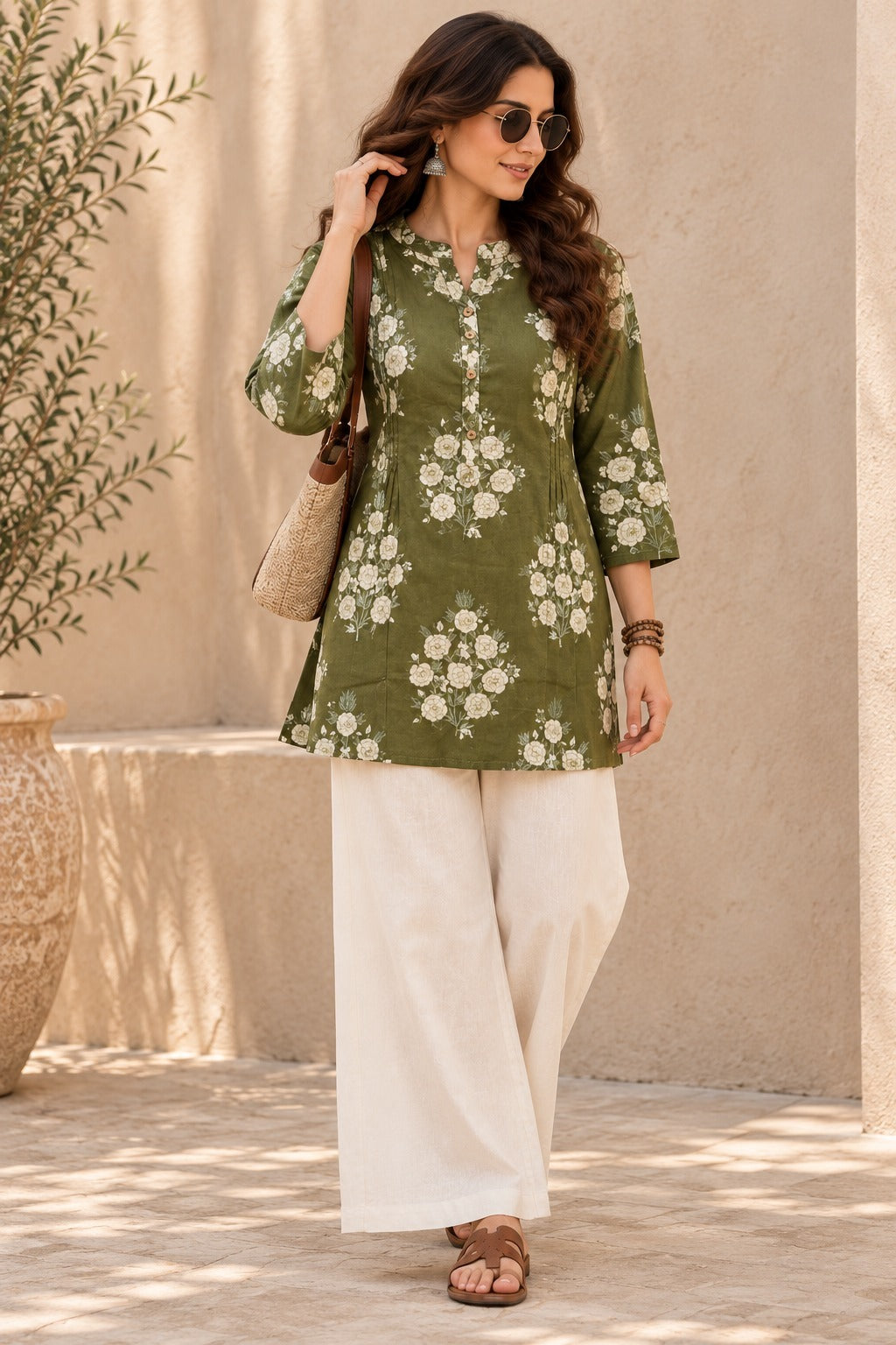 Women's Olive Green Floral Printed Mandarin Collar A-Line Top