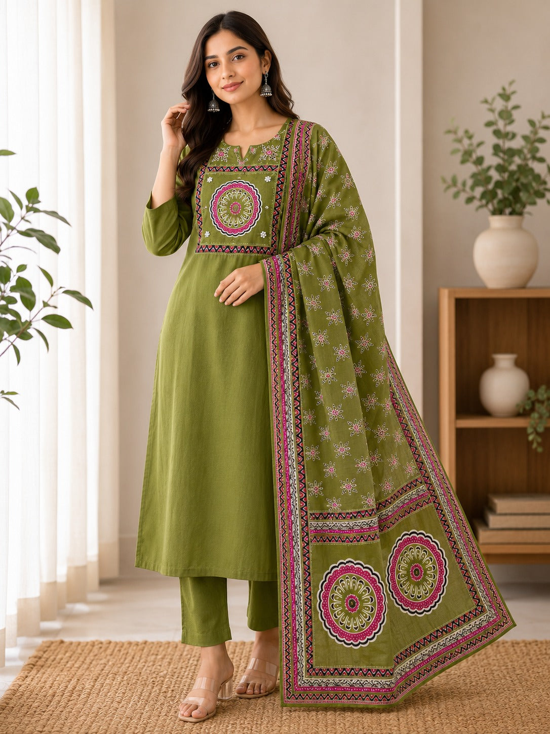 Women's Olive Green Thread Work Straight Kurta & Trouser With Dupatta Set