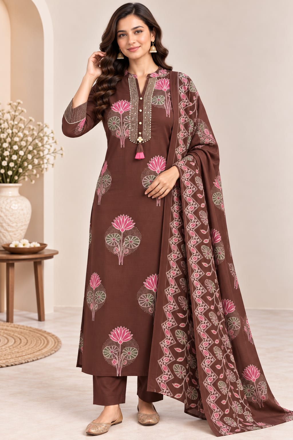 Women's Brown Floral Printed Kurta with Trousers & Dupatta