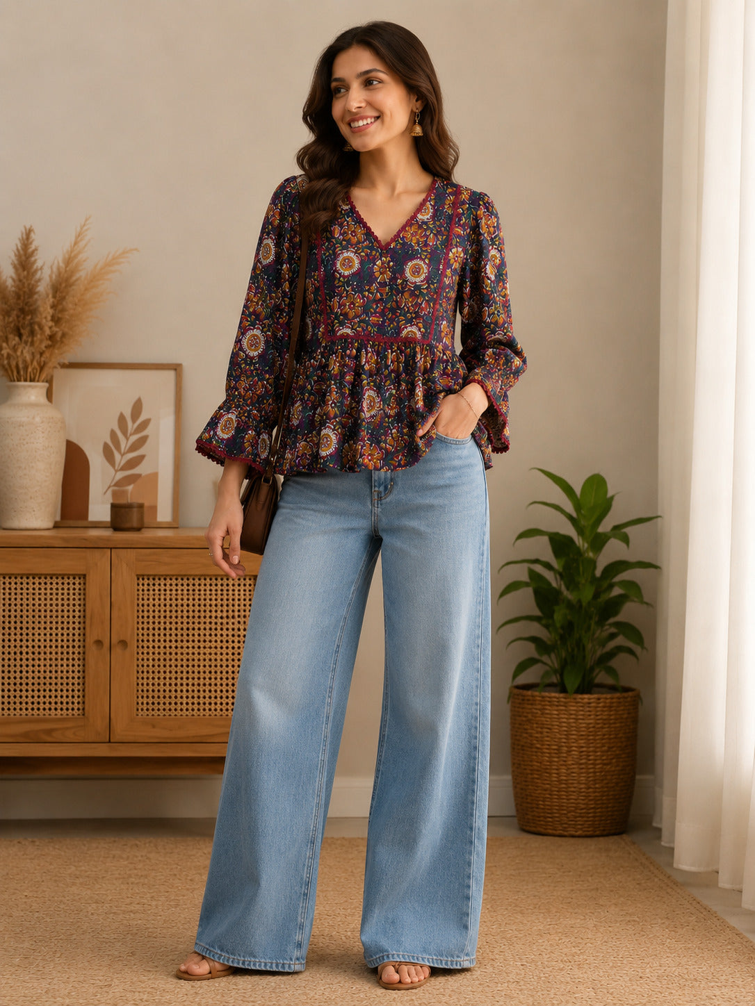 Women's Blue Printed V-Neck Gathered Top with Bell Sleeves